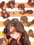  1girl animal_costume blush cosplay food gekkan_shoujo_nozaki-kun kigurumi onigiri orange_hair sakura_chiyo smile solo striped striped_background tanuki tanuki_costume unti_no_azi violet_eyes 