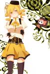  beret blonde_hair breast_squeeze breasts charlotte_(madoka_magica) corset drill_hair fingerless_gloves gloves hair_ornament hat head_tilt large_breasts mahou_shoujo_madoka_magica pleated_skirt skirt smile thigh-highs thighhighs tomoe_mami vertical-striped_legwear vertical_stripes yellow_eyes 