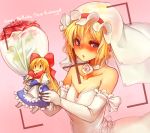  alice_margatroid bare_shoulders blonde_hair blue_dress blue_eyes blush bouquet bow bust choker dress elbow_gloves embarrassed face flower gloves hair_bow happy_birthday looking_away nose_blush open_mouth red_rose rose sachito shanghai_doll shoulderless_dress smile solo strapless_dress touhou veil viewfinder wedding_dress white_gloves 