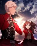  1boy 1girl archer brown_hair fate/extra fate_(series) grey_hair holding_hands jacket niu_illuminator red_jacket school_uniform toosaka_rin two_side_up white_hair 