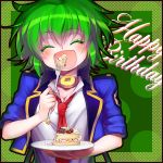  cake closed_eyes eating eyes_closed fang food green_hair happy_birthday minami_(apricot_tea) necktie open_mouth police police_uniform short_hair sleeves_rolled_up solo tantei_opera_milky_holmes uniform zenigata_tsugiko 