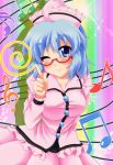  bespectacled blue_eyes blue_hair blush glasses hat ikue_fuuji index_finger_raised merlin_prismriver musical_note raised_finger solo taut_shirt touhou treble_clef wavy_hair wink 