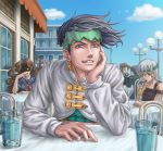  1girl 2boys black_hair brown_hair drinking earrings glowing glowing_eye green_eyes hatakeyama_0222 headband jewelry jojo_no_kimyou_na_bouken kishibe_rohan multiple_boys ooyanagi_ken prehensile_hair shaded_face water white_hair yamagishi_yukako yandere 