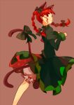 animal_ears bloomers bow braid cat_ears cat_pose cat_tail dress extra_ears hair_bow kaenbyou_rin multiple_tails neko_ni_chikyuu paw_pose pointy_ears red_eyes red_hair solo standing_on_one_leg tail touhou twin_braids twintails 