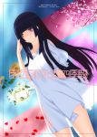  adjusting_hair black-eyes black_eyes black_hair character_request cherry_blossoms copyright_request cover dress flower highres hime_cut leaf long_hair sakamoto_mineji snowing solo sunflower 