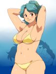  1girl armpits arms_up bikini breasts brown_eyes character_request cleavage copyright_request curvy ganto green_hair large_breasts long_hair navel plump solo swimsuit yellow_bikini yellow_swimsuit 