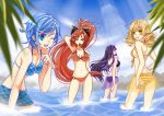  absurdres akemi_homura ass beach bikini black_hair blonde_hair blue_eyes blue_hair bow breasts drill_hair food frills hair_bow hair_ornament highres kikimi long_hair looking_back mahou_shoujo_madoka_magica miki_sayaka mouth_hold multiple_girls navel o-ring_bikini o-ring_bottom partially_submerged ponytail purple_eyes red_eyes red_hair sakura_kyouko sarong see-through short_hair sideboob striped swimsuit taiyaki tomoe_mami wagashi water wink yellow_eyes 