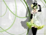  abstract_background dress fedora fingernails flower frilled_skirt green_eyes green_hair gumi highres long_gloves thighhighs vocaloid 