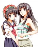  2girls black_hair blue_eyes flower hair_flower hair_ornament head_wreath long_hair multiple_girls nyoronyoro saten_ruiko school_uniform serafuku short_hair to_aru_kagaku_no_railgun to_aru_majutsu_no_index uiharu_kazari 