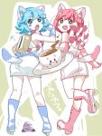  2boys blue_hair box brown_eyes crossdressinging cup donation_box fingerless_gloves gloves japanese_clothes kouhaku_nawa looking_back multiple_boys nikorinbou ojarumaru okorinbou pink_hair roller_skates rope saucer short_hair shuri_(84k) skates tail teacup trap traps 