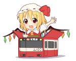  ascot blonde_hair blush box chibi dress fang flandre_scarlet girl_in_a_box hat hat_ribbon in_box in_container open_mouth outstretched_arm playing red_dress red_eyes ribbon shirt side_ponytail simple_background smile solo streetcar the_embodiment_of_scarlet_devil touhou verderayo wings 