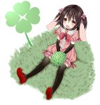  alternate_costume animal_ears black_gloves black_hair black_legwear bowtie brown_hair bunny_ears carrot clover elbow_gloves four-leaf_clover from_above gloves highres inaba_tewi open_mouth pokachu red_eyes short_hair sitting solo thigh-highs thighhighs touhou 