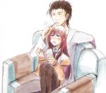  1girl black_hair blue_eyes blush brown_hair closed_eyes couple eating eyes_closed height_difference koike_(coikekke) labcoat long_hair makise_kurisu okabe_rintarou open_mouth pantyhose pudding short_hair sitting steins;gate 