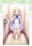  ano_hi_mita_hana_no_namae_wo_bokutachi_wa_mada_shiranai bare_legs barefoot blue_eyes blush child dress goto_p highres honma_meiko long_hair looking_at_viewer open_mouth ribbon silver_hair sitting sleeveless sleeveless_dress solo toilet toilet_paper toilet_use 