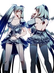  bad_id corset doji frills gathers hatsune_miku highres long_hair microphone navel pantyhose ruffles short_shorts shorts skirt twintails very_long_hair vocaloid 