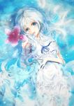  blue_eyes dress flower honma_meiko lying white_hair yuki_hikari 