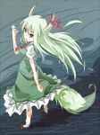  bow dress ex-keine from_above green_hair horns ibuki_notsu kamishirasawa_keine long_hair notsugimi red_eyes solo tail touhou 