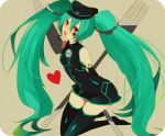  1girl elbow_gloves fork gloves green_hair hat hatsune_miku headset heart kneeling knife long_hair mossariman open_mouth peaked_cap red_eyes sadistic_music_factory_(vocaloid) solo thighhighs twintails very_long_hair vocaloid 