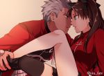  1boy 1girl archer brown_hair fate/stay_night fate_(series) grey_hair hetero lowres niu_illuminator single_thighhigh thigh-highs toosaka_rin two_side_up 