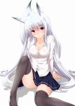  animal_ears arm_support black_legwear blush breasts cleavage collarbone fox_ears fox_tail highres legs long_hair looking_at_viewer miniskirt original plaid plaid_skirt red_eyes second_heaven simple_background sitting skirt solo tail thighhighs thighs very_long_hair white_hair 
