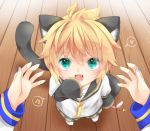  bell blonde_hair cat_ears cat_tail chibi fang green_eyes hachimitsu_(127032) hand_to_mouth hands heart kagamine_len kaito kemonomimi_mode musical_note open_mouth shirt short_hair shorts sleeves_past_wrists smile tail vocaloid 