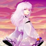  androgynous flower flower_field hakudoushi highres inuyasha japanese_clothes lavender_hair light_smile long_hair looking_back male oroshigane petals purple purple_eyes sky solo trap twilight violet_eyes wide_sleeves 