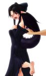  angry barefoot black_hair blush bow dress fang from_behind fusion godzilla godzilla_(series) gojiren grabbing hair_bow long_hair m.u.g.e.n melty_blood mugen_(game) open_mouth pointy_ears red_eyes tail tsukihime white_len 