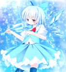 blue blue_eyes blue_hair blue_legwear bow bow_(instrument) bowtie cirno hair_bow highres ice ice_wings instrument light_smile sefa short_hair skirt smile snowflakes solo thigh-highs thighhighs touhou vest violin wings zefa_(neoaltemice) 