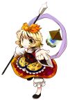  blonde_hair brown_hair chibi hair_ornament highres jeweled_pagoda multicolored_hair pagoda polearm shawl shirt short_hair skirt smile socha solo spear tiger_print toramaru_shou touhou transparent_background two-tone_hair weapon yellow_eyes 