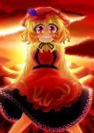  aki_minoriko arms_behind_back blonde_hair cloud dress eyebrows food food_themed_clothes fruit fun_bo grapes grin hat neck_ribbon red_eyes ribbon short_hair smile solo sunset thick_eyebrows touhou wheat wide-eyed wide_eyed 