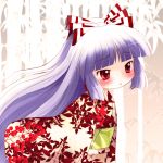  blush floral_print fujiwara_no_mokou hair_ribbon highres japanese_clothes kimono long_hair red_eyes touhou white_hair yume_shokunin 