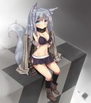  bad_id bikini_top black_legwear blue_eyes boots breasts checkered cleavage fox_ears gloves grey_hair kneehighs long_hair masamuuu midriff multicolored_eyes original scarf sitting skirt socks solo source_request striped striped_scarf tail 