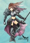  black_legwear boots brown_hair faulds gauntlets greaves highres long_hair midriff navel panties pauldrons pink_panties pixiv_fantasia pixiv_fantasia_5 polearm ryuudaisuki solo thigh-highs thighhighs underwear weapon 