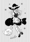  apron bad_id bow braid broom dress hair_bow hat hat_bow highres kirisame_marisa long_hair mary_janes monochrome sarasara shoes solo star striped striped_background touhou witch witch_hat 