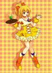  blonde_hair boots bow brown_eyes choker cure_pine dress drink fresh_precure! frills gathers glass hair_ribbon heart k-yan magical_girl plaid plaid_background precure ribbon ruffles short_hair side_ponytail smile solo tray wrist_cuffs yamabuki_inori 