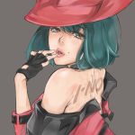  1girl bare_shoulders bob_cut brown_eyes cowboy_hat face finger_to_mouth from_behind green_hair guilty_gear hands hat i-no lips lipstick looking_at_viewer looking_back makeup mole naughty_face open_mouth pink_lipstick pouty_lips short_hair simple_background solo tattoo western yamaishi108 