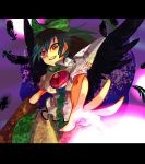  arm_cannon bad_id black_hair bow feathers hair_bow letterboxed looking_down outstretched_hand red_eyes reiuji_utsuho solo takebi touhou weapon wings 