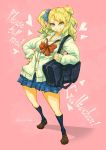  1girl asymmetrical_hair bag blonde_hair blue_eyes breasts cardigan copyright_name duffel_bag grin gyaru-ko hair_bun kome long_hair one_side_up oshiete!_gyaru-ko-chan plaid plaid_skirt pleated_skirt school_uniform scrunchie skirt smile socks solo 