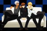  3boys archer blonde_hair brown_eyes brown_hair casual chabotaro couch dark_skin fate/extra_ccc fate_(series) gilgamesh male_protagonist_(fate/extra) multiple_boys red_eyes school_uniform white_hair 