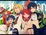  aladdin_(magi) ali_baba_saluja black_hair blonde_hair blue_eyes blue_hair braid food fruit judal laphy long_hair magi_the_labyrinth_of_magic midriff morgiana multiple_boys navel open_mouth orange_eyes popsicle red_eyes red_hair redhead short_hair side_ponytail sitting suika_bar turban watermelon watermelon_bar yellow_eyes 