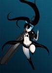  bikini_top black_hair black_rock_shooter black_rock_shooter_(character) blue_eyes boots glowing glowing_eyes gun long_hair scar shorts sword tibatiba twintails uneven_twintails weapon 