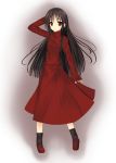  alma_wade arm_behind_head black_hair black_legwear brown_hair dress f.e.a.r. footwear highres long_hair looking_at_viewer mary_janes niboss red_dress red_eyes shoes sleeves_past_wrists socks solo 