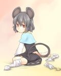  animal_ears barefoot capelet dra grey_hair mouse mouse_ears mouse_tail nazrin no_shoes red_eyes shirt short_hair sitting skirt skirt_set sock_dangle sock_pull socks_removed solo tail touhou turning wariza 