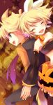  1boy 1girl bare_shoulders blonde_hair blush brother_and_sister closed_eyes detached_sleeves jack-o&#039;-lantern kagamine_len kagamine_rin open_mouth ponjiritsu short_hair siblings smile star vocaloid 