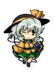  chibi floral_print green_eyes hat hat_ribbon komeiji_koishi ribbon shirt silver_hair skirt smile socha solo third_eye touhou wink 