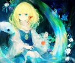  animal blonde_hair blue_dress blue_eyes dress faux_traditional_media flower forest giant_animal hair_ribbon highres jewelry long_sleeves mishaguji moemoe3345 moriya_suwako mushroom nature necklace no_hat no_headwear oversized_animal pendant ribbon shirt sitting snake soaking_feet solo touhou water water_yoyo wind_chime 