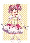  bloomers blush bow checkered checkered_background choker dress gloves hair_bow kaname_madoka magical_girl mahou_shoujo_madoka_magica open_mouth outstretched_arms pink_eyes pink_hair short_hair short_twintails smile solo spread_arms tottoto_tomekichi twintails 