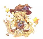  apron ascot blonde_hair bow braid bust earrings hat hat_bow holding holding_hat jewelry kirisame_marisa long_hair rl side_braid simple_background single_braid solo star touhou witch witch_hat yellow_eyes 