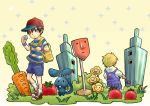  backpack bag belt black_hair blonde_hair brown_eyes building bush cap carrot child clock flower grass hat mother_(game) mother_2 multiple_boys ness overalls oyugawakimasita porky_minch randoseru shirt shoes shorts sneakers striped striped_shirt tomato yo-yo yoyo 