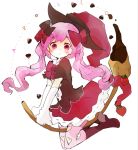 1girl :o apollo_chocolate boots bow broom chocolate food fruit hair_bow hat heart_print knee_boots original pantyhose pink_eyes pink_hair riding skirt solo strawberry tsukiyo_(skymint) twintails witch witch_hat 